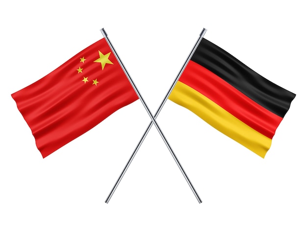 中国とドイツの 2 つの旗が白い背景で交差しています。