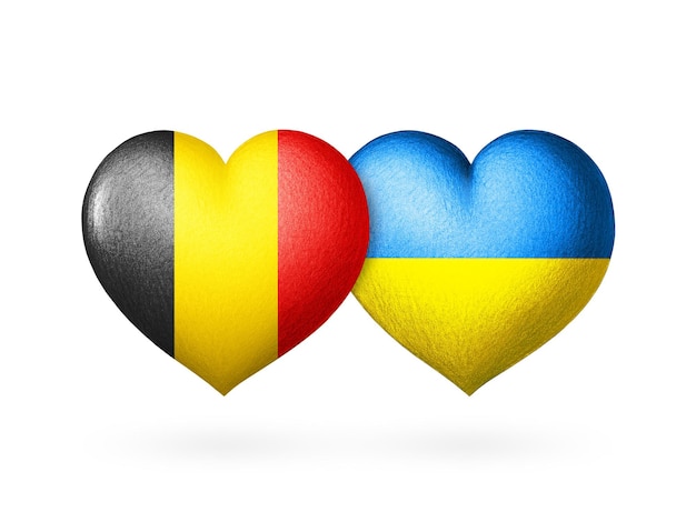 Two flags Flags of Ukraine and Belgium Two hearts in the colors of the flags