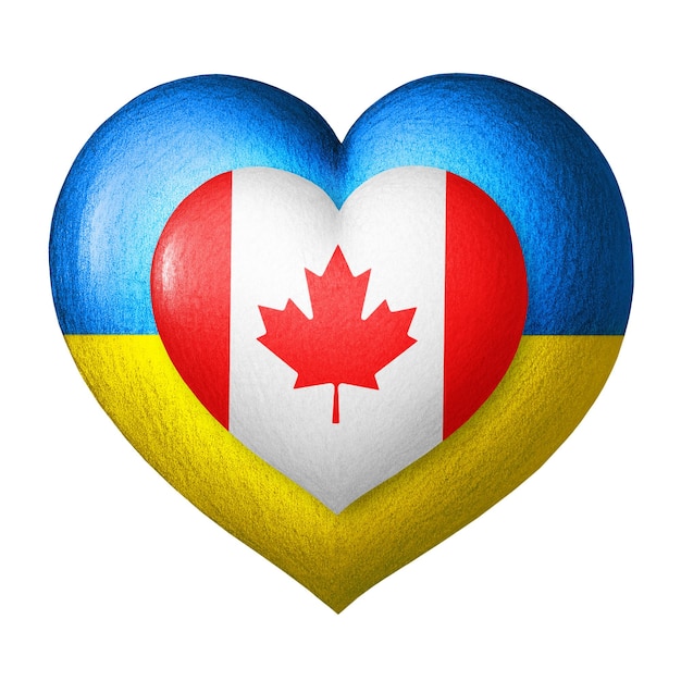 Two flags Flags of Ukraine and Canada Two hearts in the colors of the flags isolated on a white