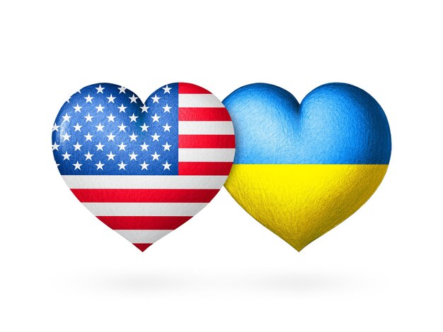 2 つのフラグ ウクライナとアメリカの国旗 国旗の色に 2 つのハート