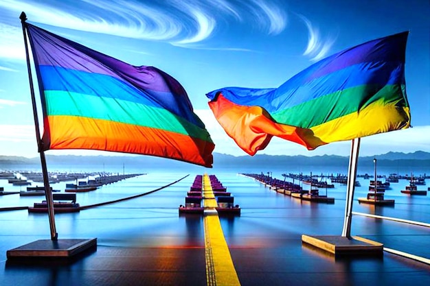 Two flags that are on a dock