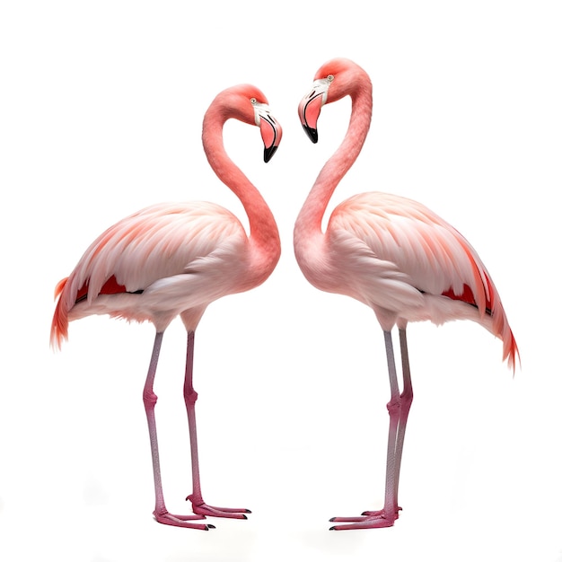 Two flamingo birds on a white background