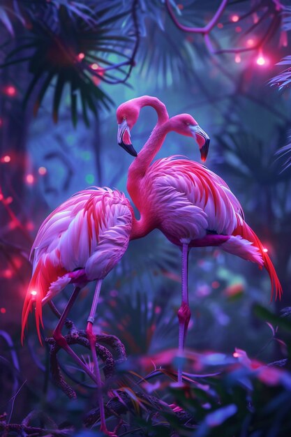 two flamingos are shown in a picture with the background of the image of a pink flamingo