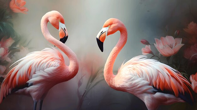 Two flamingos in love on a background of flowers and plants Generative ai illustration