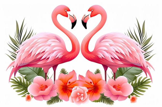 Two flamingos in love on a white background