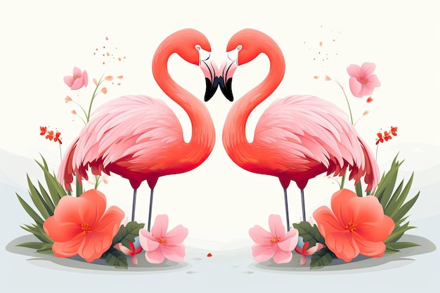 Two flamingos in love on a white background