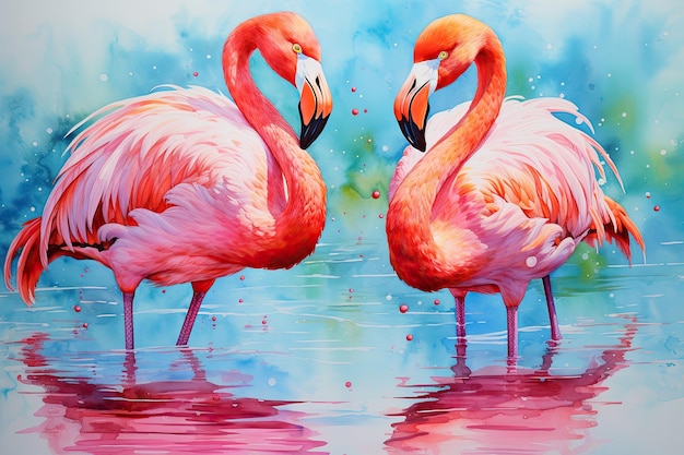 Two flamingos in the water painted with watercolors Flamingos watercolor painting AI Generated