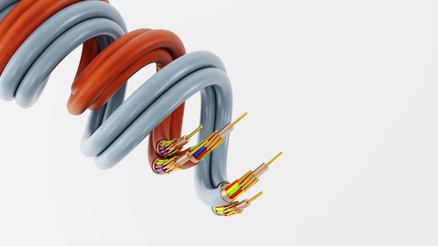 Two flexible electric copper wires closeup of electric cable 3D render