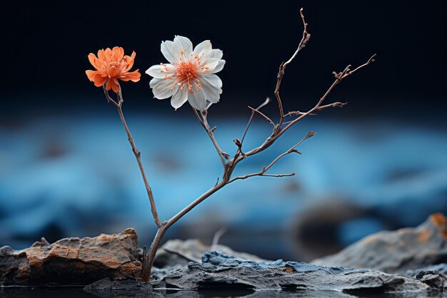 two flowers are growing out of a rock in the water