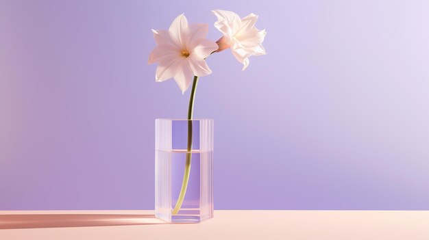 Two flowers in a glass vase with water and purple background.