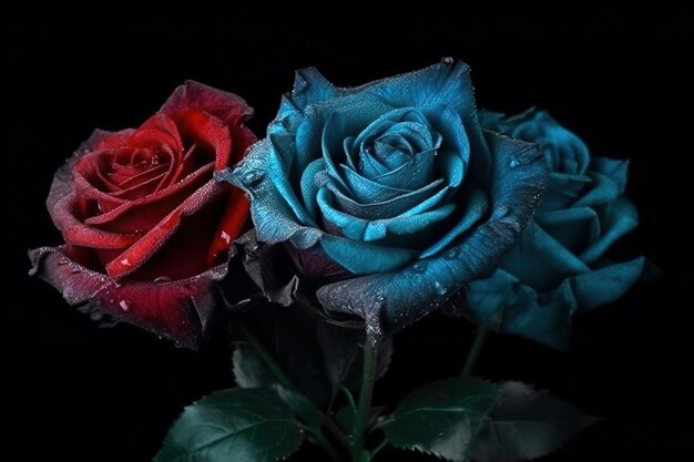 two flowers one red and one blue each with a few water drops on it