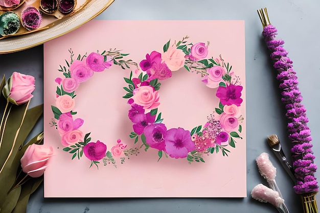 샤넬이라고 적힌 분홍색 카드에 두 송이의 꽃.