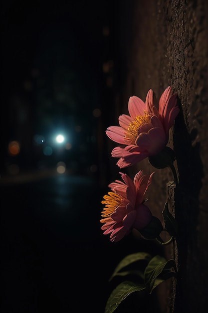 Two flowers on a wall in the dark