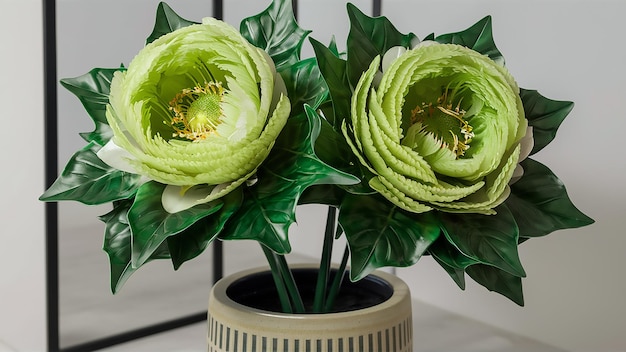 two flowers with the green leaves on them are in a white vase