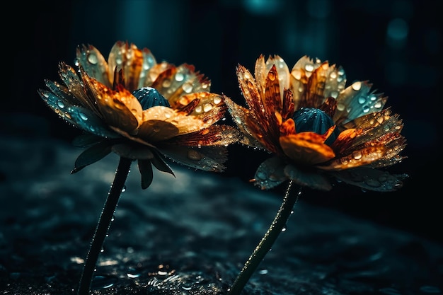 暗い背景に雨の滴がついた 2 つの花