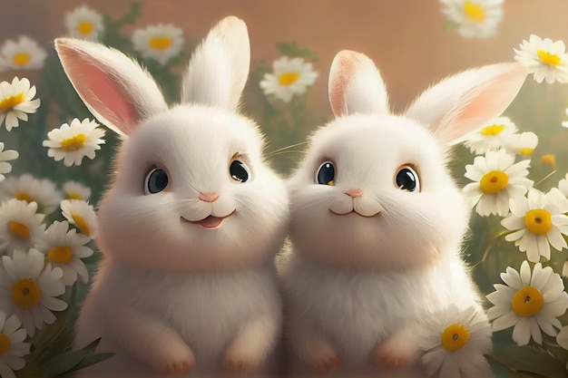Two fluffy bunny on spring background Two Cute cartoon white rabbit on floral background Generative AI