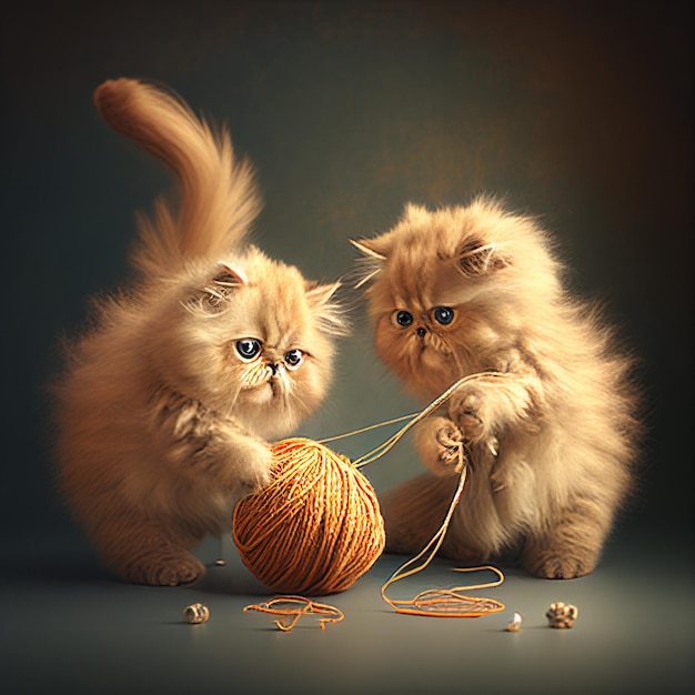 Two fluffy cats playing with a ball of yarn on a table generative ai