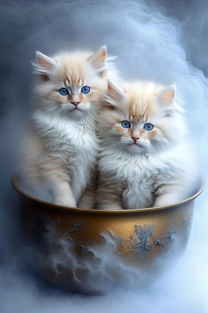 Two fluffy white kittens sitting in a gold bowl generative ai