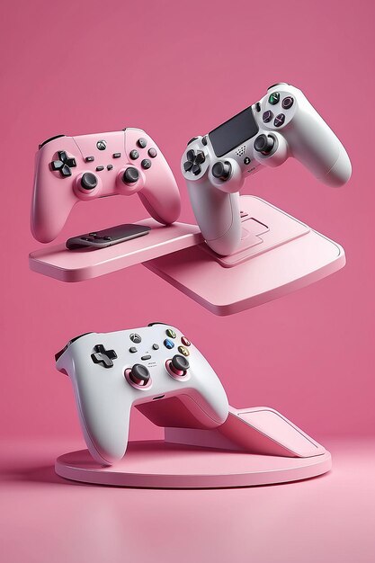 Two flying gamepads over the podium on a pink background concept for presentation advertising 3d rendering