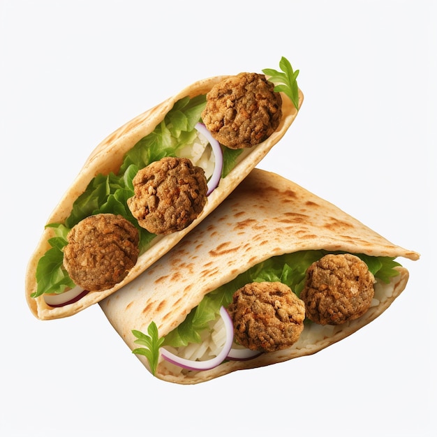 Two folded flatbreads with falafel balls lettuce and red onions