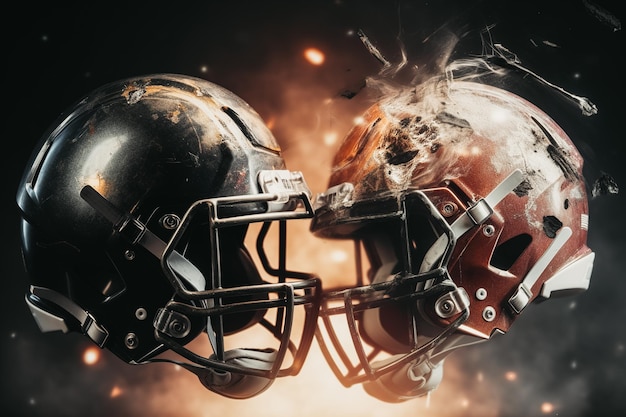 Two football helmets crashing into each other