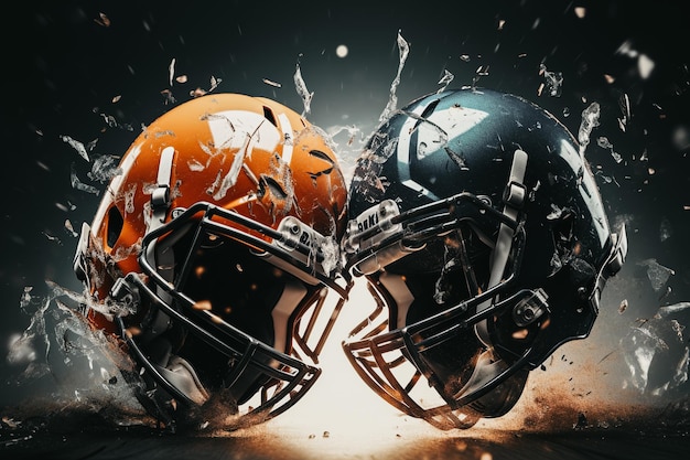 Two football helmets crashing into each other