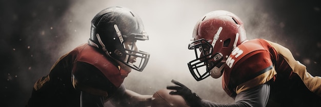 Two football players in uniforms with helmets on their heads banner