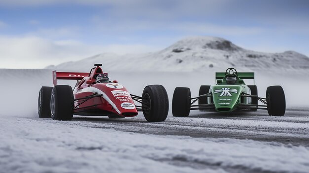 Two formula one cars running in Iceland