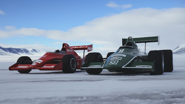 Two formula one cars running in Iceland