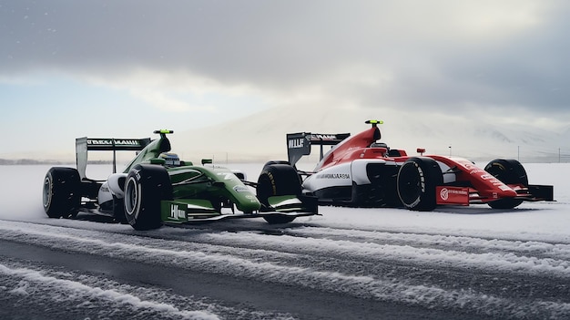 Two formula one cars running in Iceland