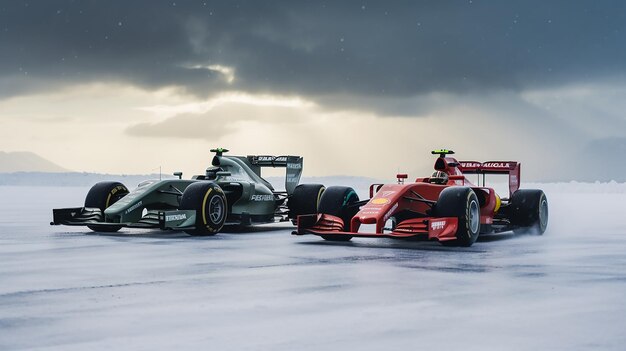 Two formula one cars running in Iceland