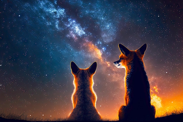 Two foxes look up into sky on starfall night