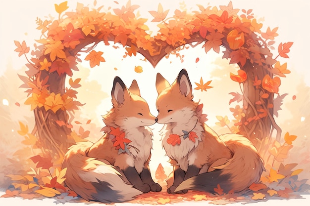 две влюбленные лисы в сердечной форме, сделанной из листьев
