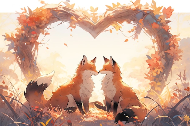 two foxes in love in a heartshaped frame made of foliage