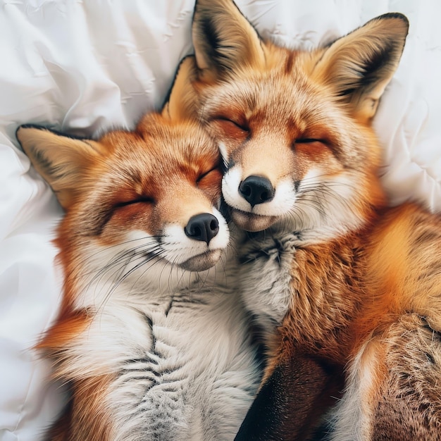 Photo two foxes lying on a bed