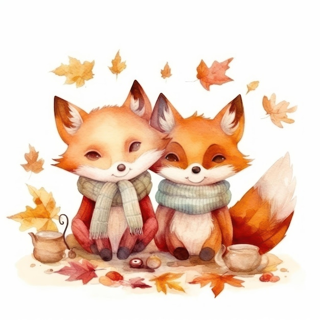 Two foxes in a scarf and a cup of tea. watercolor illustration.