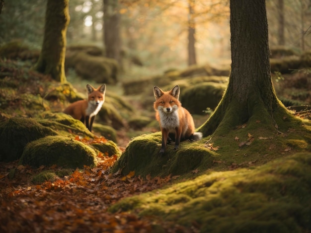 Photo two foxes sitting on moss covered rocks in a forest with trees in the background