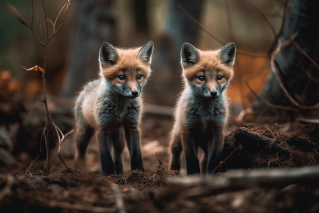 Two foxes standing in a forest with the word fox on the bottom right