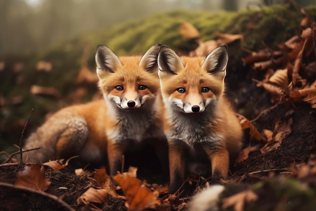 Foto due volpi nel bosco con foglie a terra