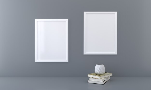 Photo two frame mockup with books and vase on dark wall presentation artwork3d rendering