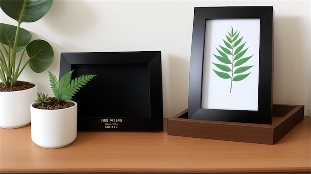 Two framed prints of plants on a table next to a plant pot with a plant in it.