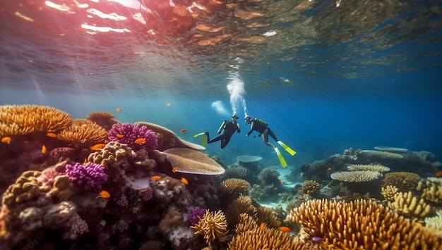 Two free divers swim underwater over a vibrant coral reef Red Sea Egypt variation 5