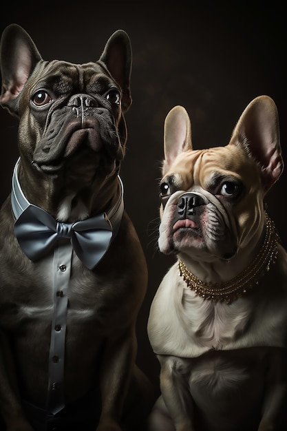 Photo two french bulldogs dressed in formalwear against a dark backdrop