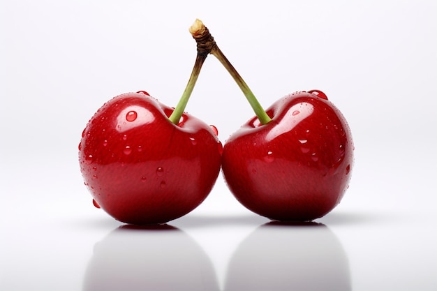 two fresh cherries on white background