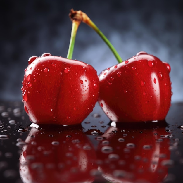 Two fresh juicy heartshaped cherries with water drop generative ai