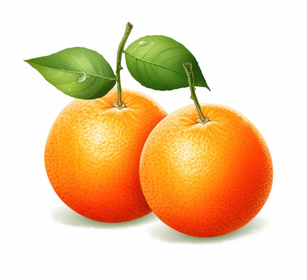 Two fresh and juicy looking mandarin oranges with green leaves