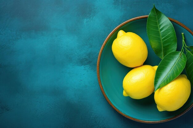 Two fresh lemons in dark blue plate on turquoise concrete background Food background Top view