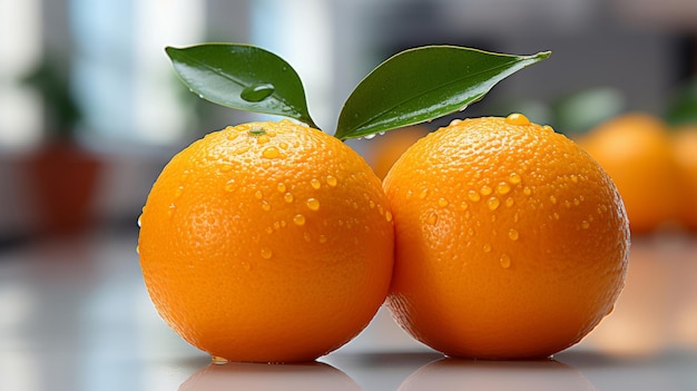 Two fresh oranges fruits with leaves