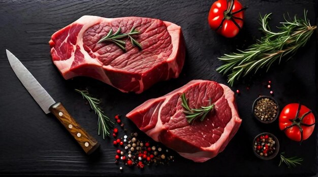 Two fresh red meat steaks spices herbs culinary seasonings on black wooden boardGenerative AI