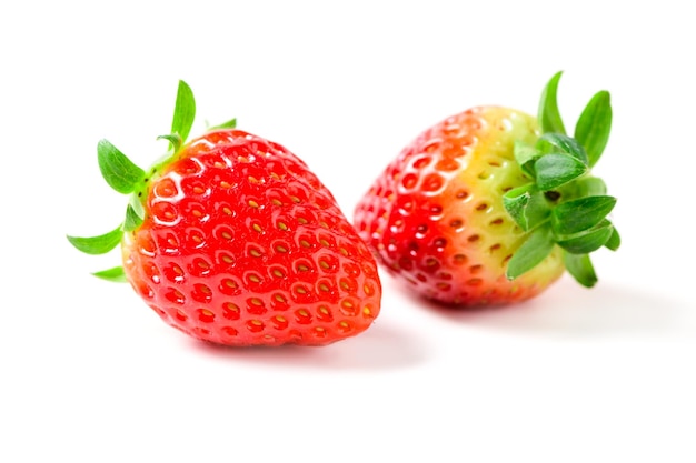 Photo two fresh strawberry isolated on white background fruits